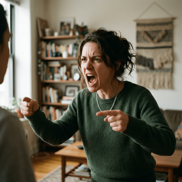 Angry woman yelling and pointing fingers at someone